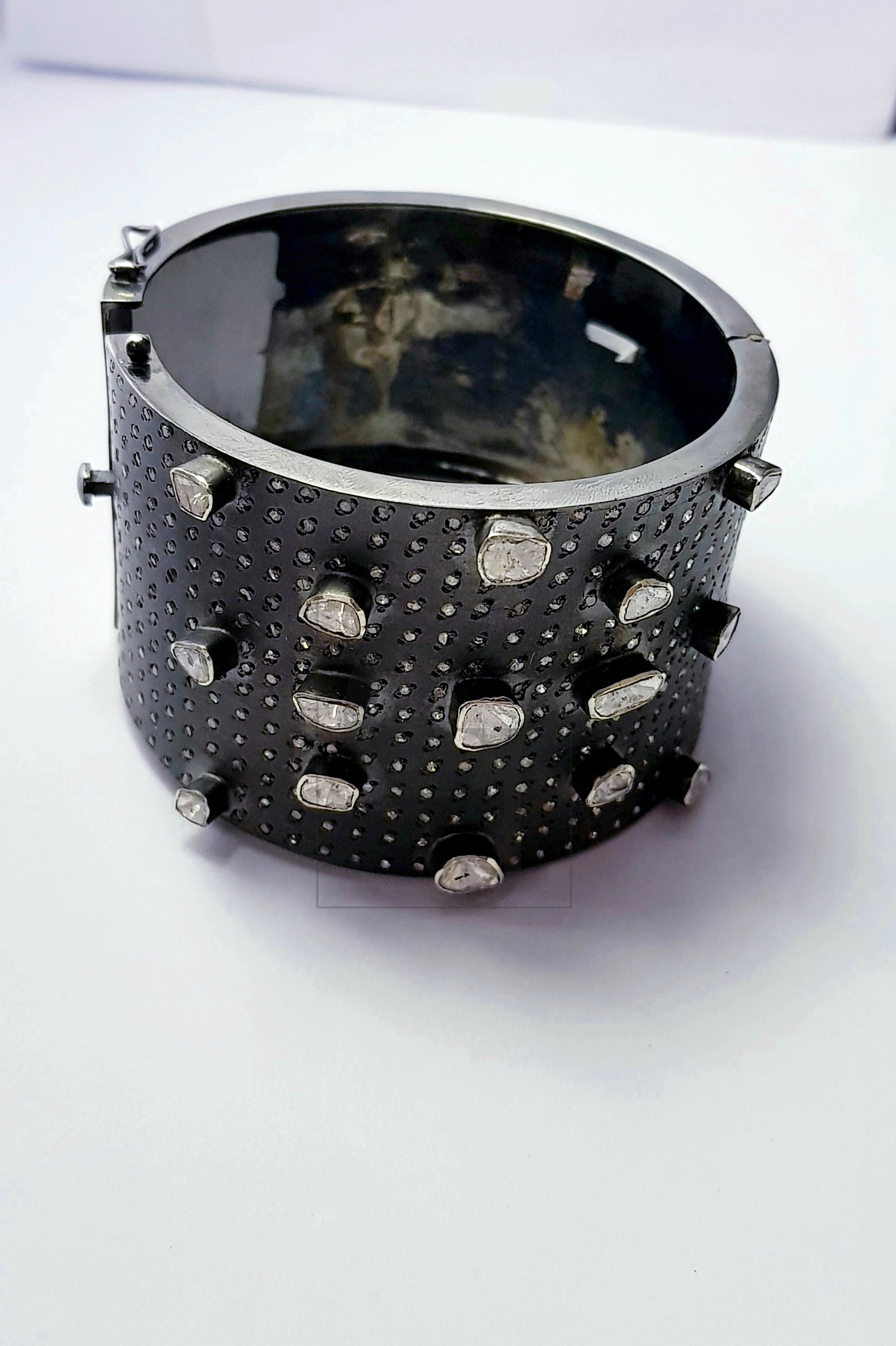 Antique Look Designer Rosecut Pave Diamond Bangle 925 Sterling Silver Handmade Finish Flat Diamond Bangle Bracelet