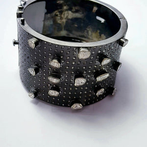 Antique Look Designer Rosecut Pave Diamond Bangle 925 Sterling Silver Handmade Finish Flat Diamond Bangle Bracelet