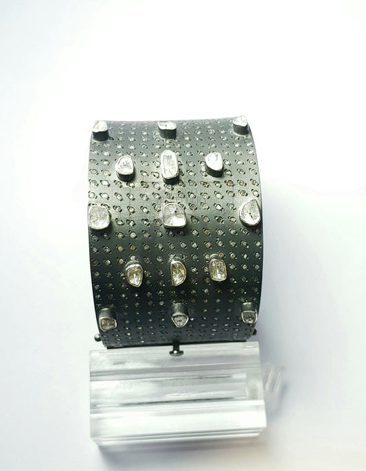 Antique Look Designer Rosecut Pave Diamond Bangle 925 Sterling Silver Handmade Finish Flat Diamond Bangle Bracelet