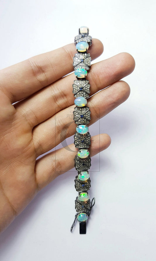 Very unique design Rosecut pave diamond bangle 925 sterling silver handmade finish with opal blue sapphire and diamond bangle bracelet