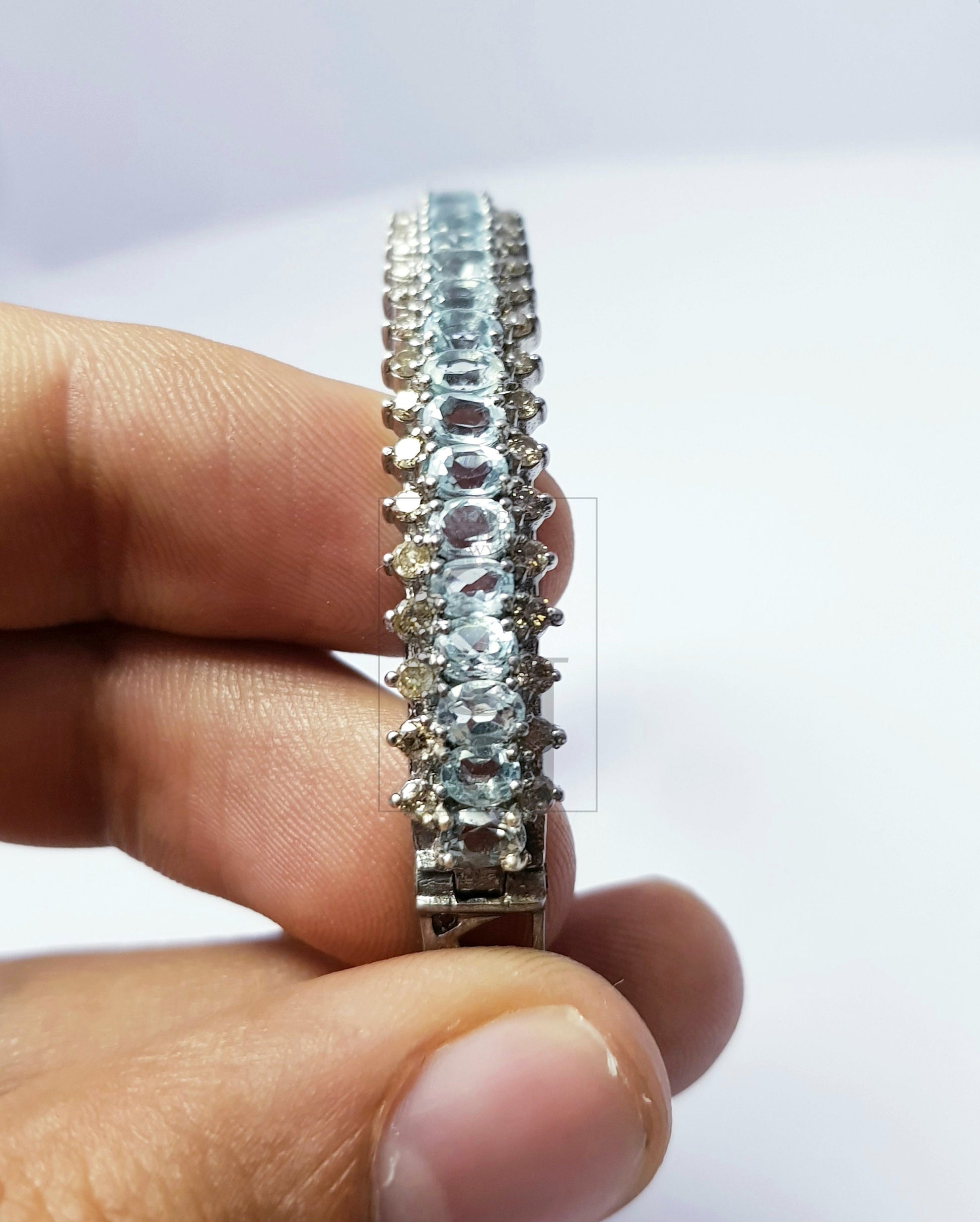 Rocecut pave diamond bangle 925 sterling silver handmade finish latest design diamond with natural blue topaz  stone bangle