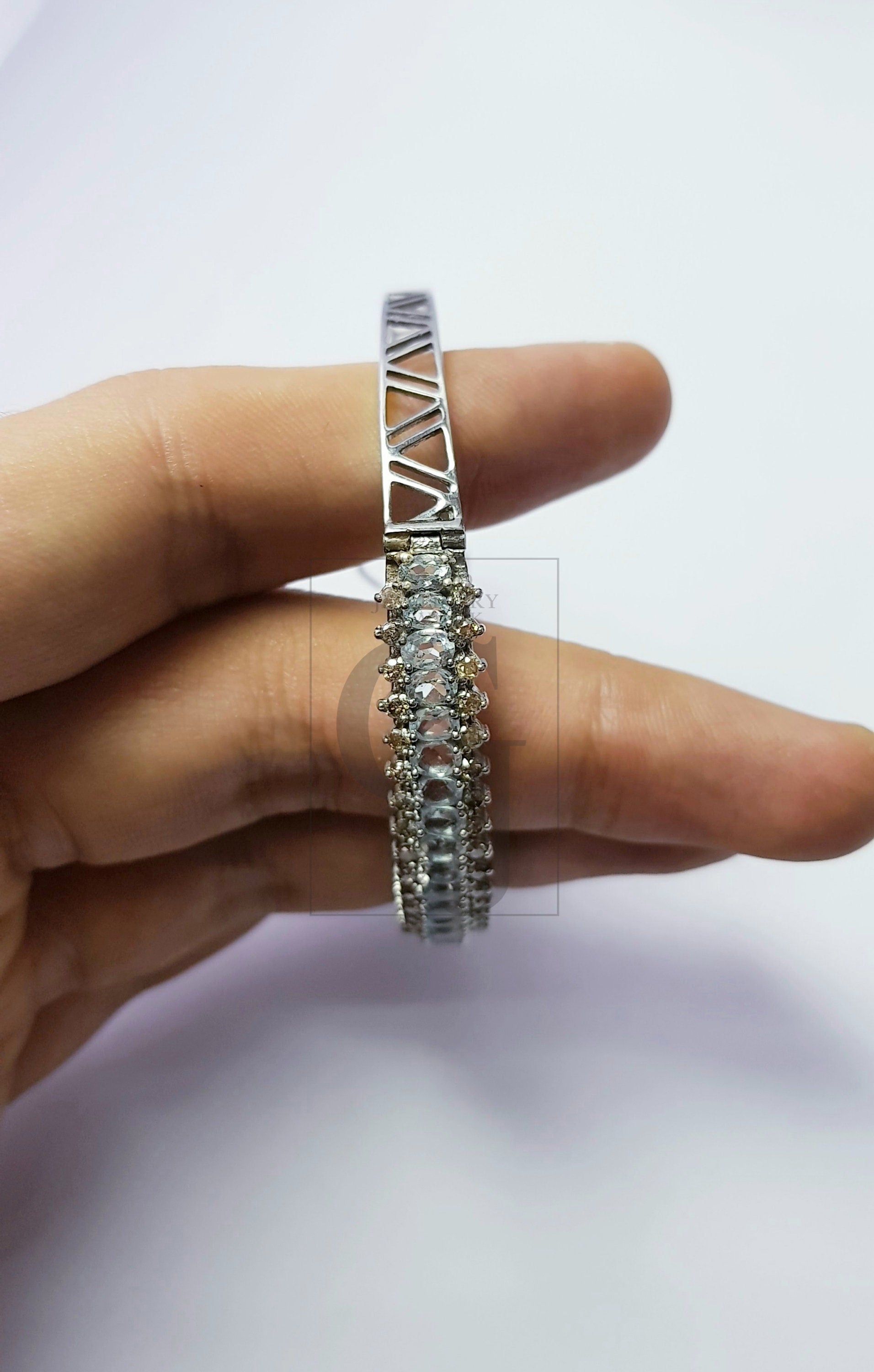 Rocecut pave diamond bangle 925 sterling silver handmade finish latest design diamond with natural blue topaz  stone bangle