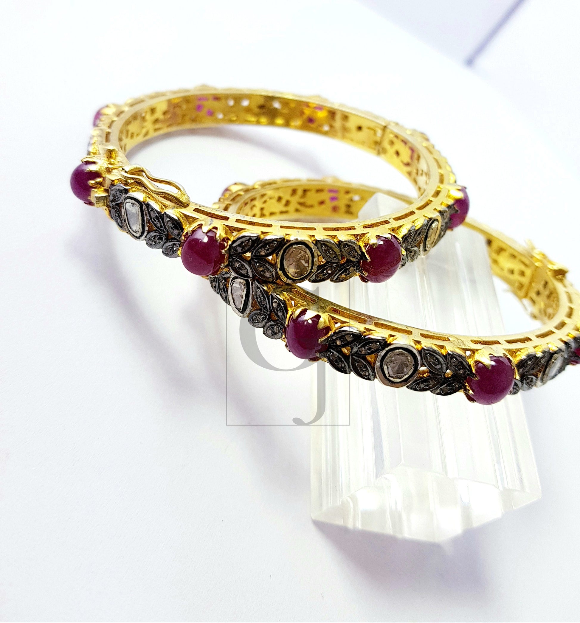 Indian Style Vermail Gold Ruby Bangle Rosecut Pave Diamond Bangle Bracelet 925 Sterling Silver Handmade Finish Diamond Bangle Bracelet