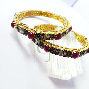 Indian Style Vermail Gold Ruby Bangle Rosecut Pave Diamond Bangle Bracelet 925 Sterling Silver Handmade Finish Diamond Bangle Bracelet