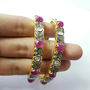 Indian Style Vermail Gold Ruby Bangle Rosecut Pave Diamond Bangle Bracelet 925 Sterling Silver Handmade Finish Diamond Bangle Bracelet