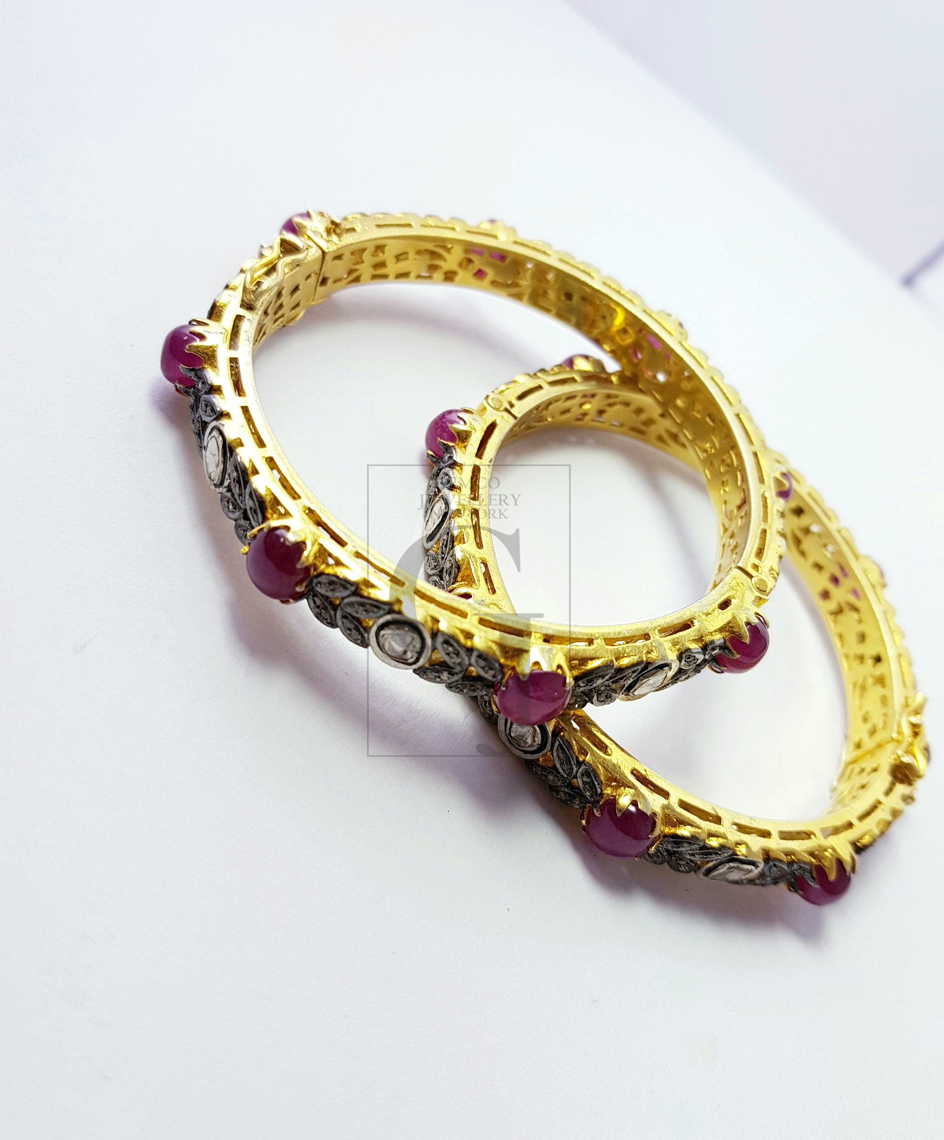 Indian Style Vermail Gold Ruby Bangle Rosecut Pave Diamond Bangle Bracelet 925 Sterling Silver Handmade Finish Diamond Bangle Bracelet