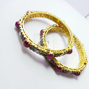 Indian Style Vermail Gold Ruby Bangle Rosecut Pave Diamond Bangle Bracelet 925 Sterling Silver Handmade Finish Diamond Bangle Bracelet