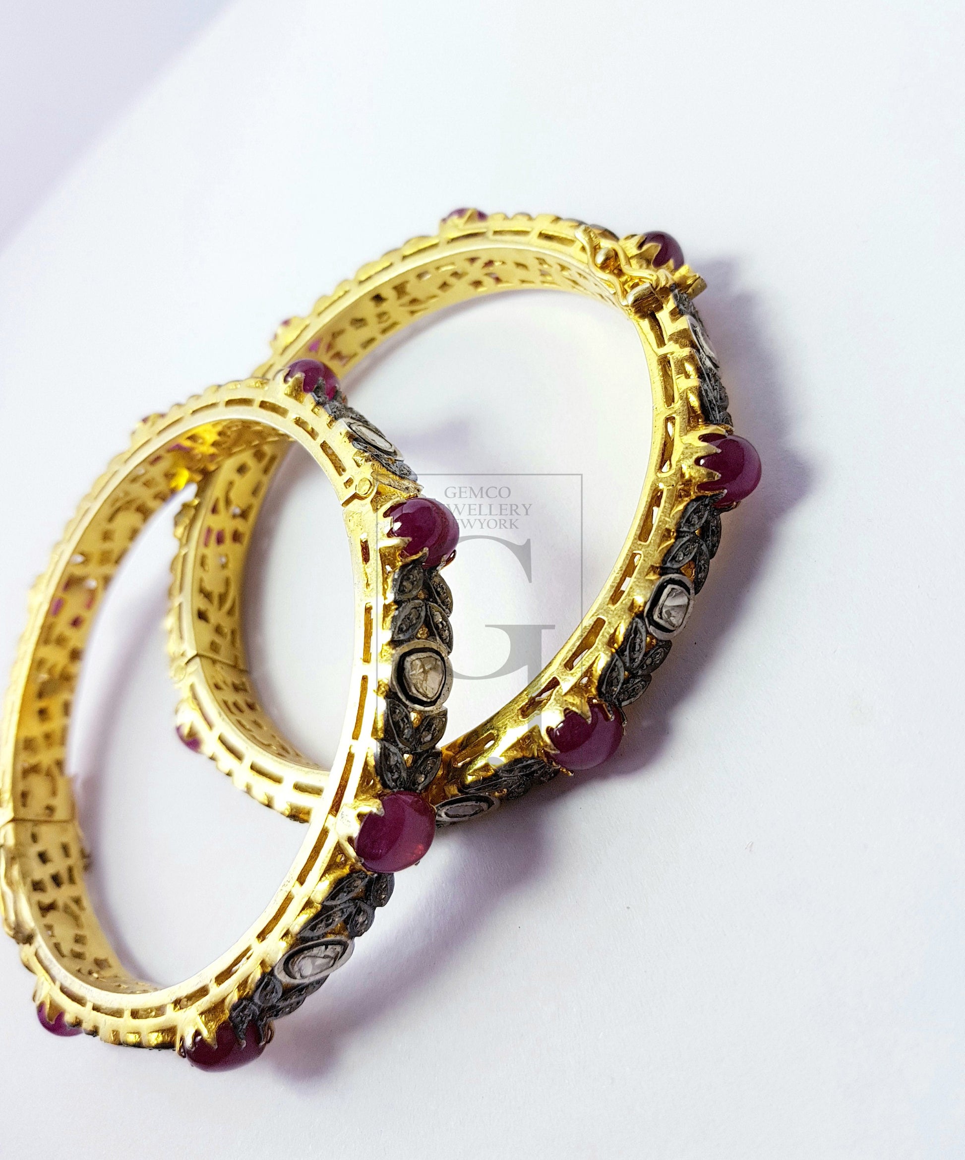 Indian Style Vermail Gold Ruby Bangle Rosecut Pave Diamond Bangle Bracelet 925 Sterling Silver Handmade Finish Diamond Bangle Bracelet