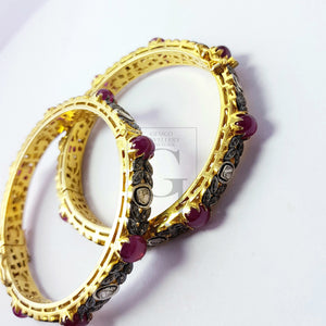 Indian Style Vermail Gold Ruby Bangle Rosecut Pave Diamond Bangle Bracelet 925 Sterling Silver Handmade Finish Diamond Bangle Bracelet