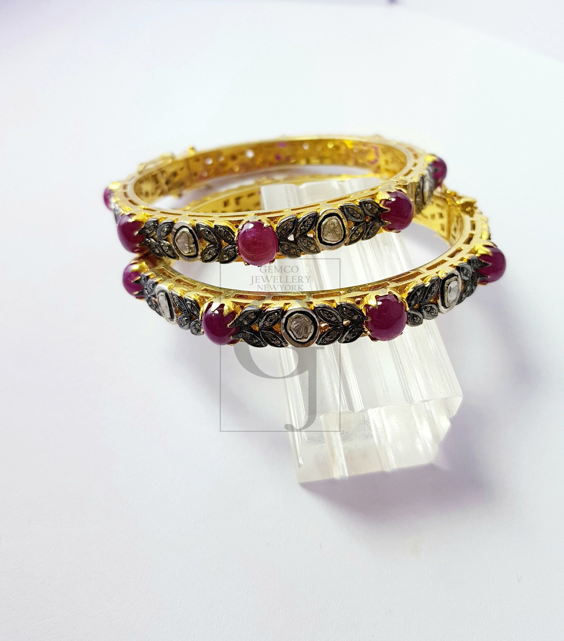 Indian Style Vermail Gold Ruby Bangle Rosecut Pave Diamond Bangle Bracelet 925 Sterling Silver Handmade Finish Diamond Bangle Bracelet