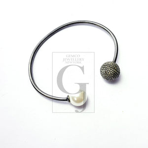 Very beautiful  Rosecut pave diamond bangle 925 sterling silver handmade finish pearl and diamond bangle bracelet