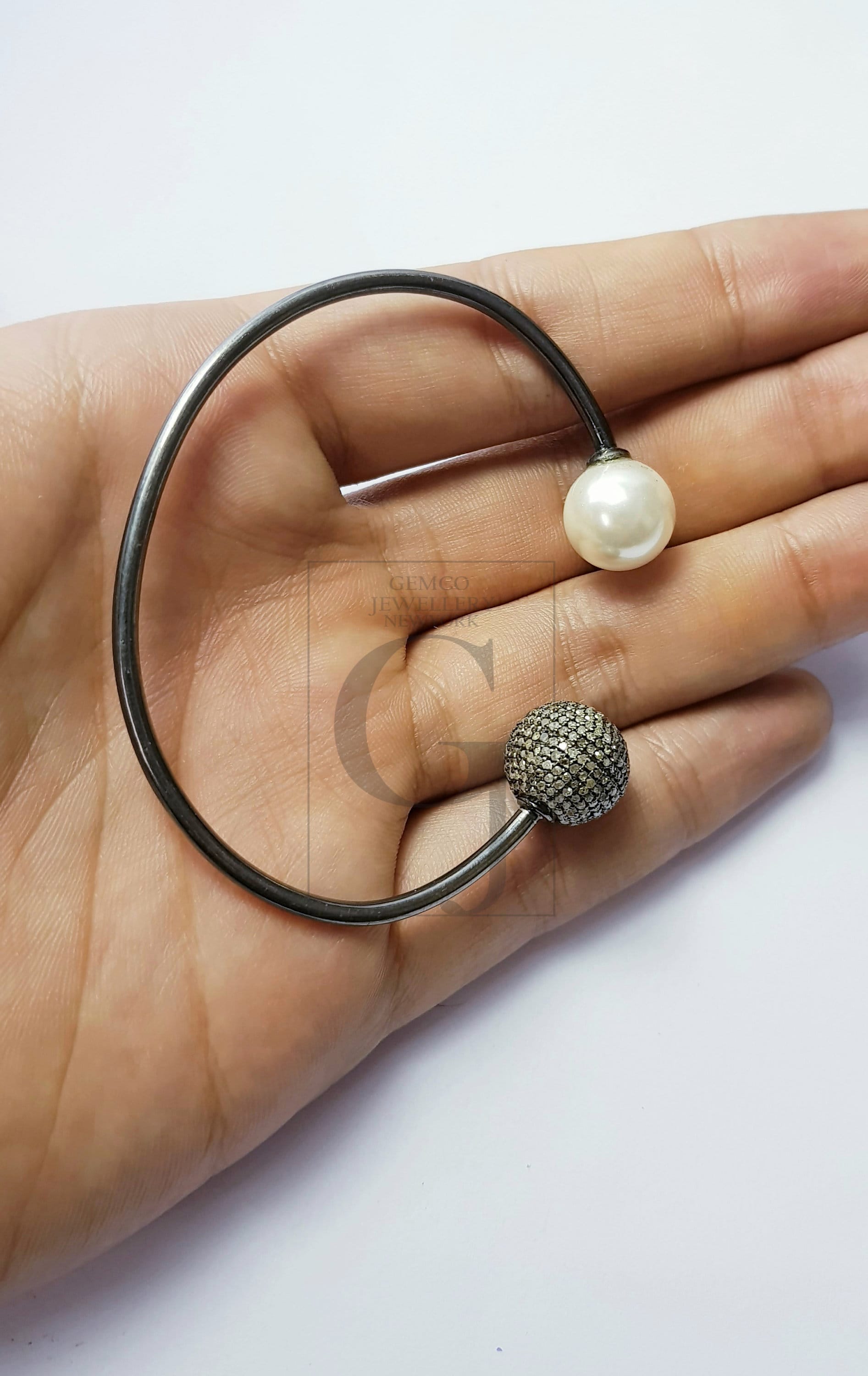 Very beautiful  Rosecut pave diamond bangle 925 sterling silver handmade finish pearl and diamond bangle bracelet
