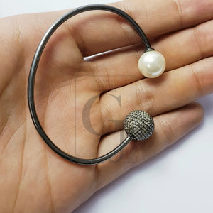 Very beautiful  Rosecut pave diamond bangle 925 sterling silver handmade finish pearl and diamond bangle bracelet