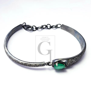 Rocecut pave diamond bangle 925 sterling silver handmade finish beautiful tear drop emerald stone diamond bangle