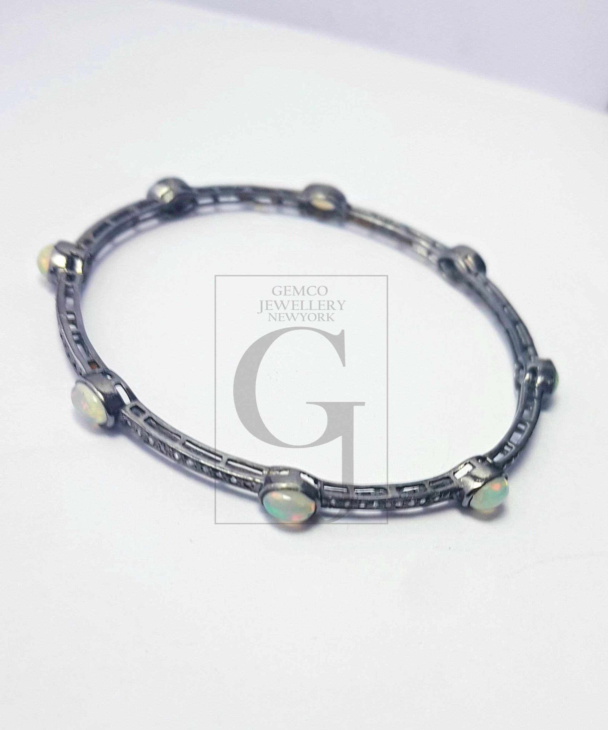 Rosecut pave diamond bangle 925 sterling silver handmade finish real natural opal and diamond very beautiful bangle