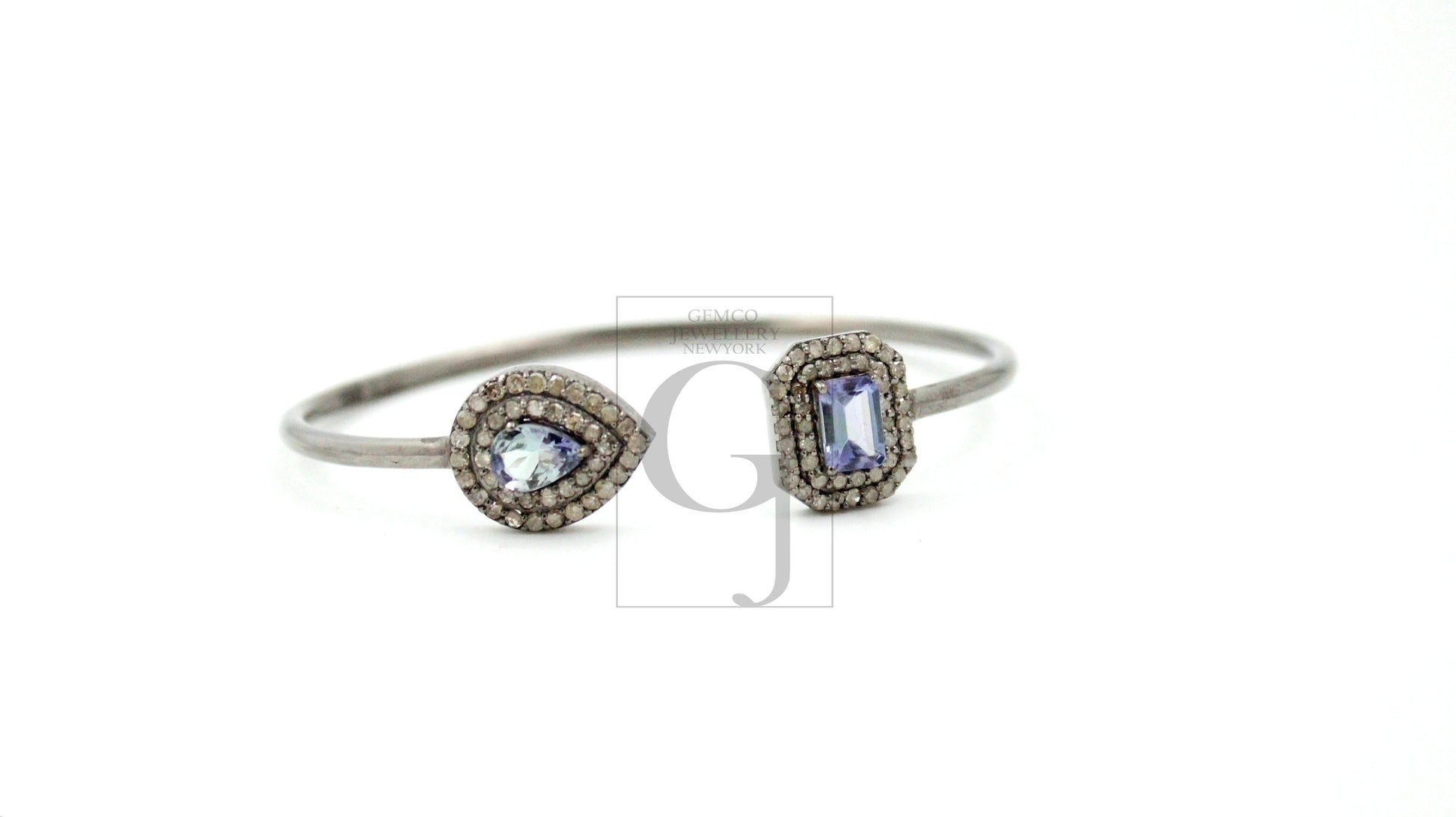 Very Beautiful Designer Tanzanite Rosecut Pave Diamond Bangle Bracelet 925 Sterling Silver Handmade Finish Diamond Bangle Bracelet