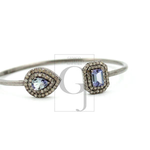 Very Beautiful Designer Tanzanite Rosecut Pave Diamond Bangle Bracelet 925 Sterling Silver Handmade Finish Diamond Bangle Bracelet