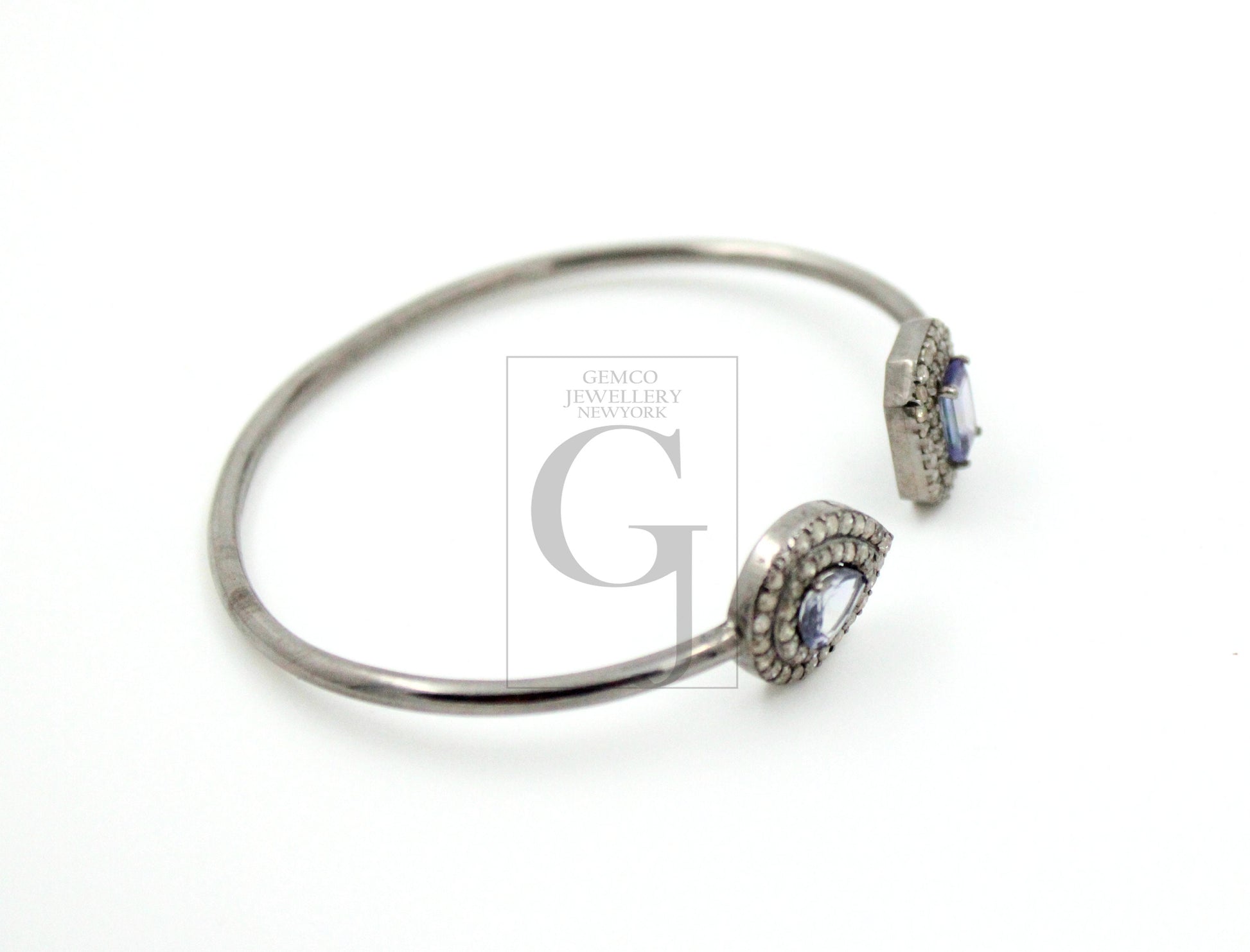 Very Beautiful Designer Tanzanite Rosecut Pave Diamond Bangle Bracelet 925 Sterling Silver Handmade Finish Diamond Bangle Bracelet