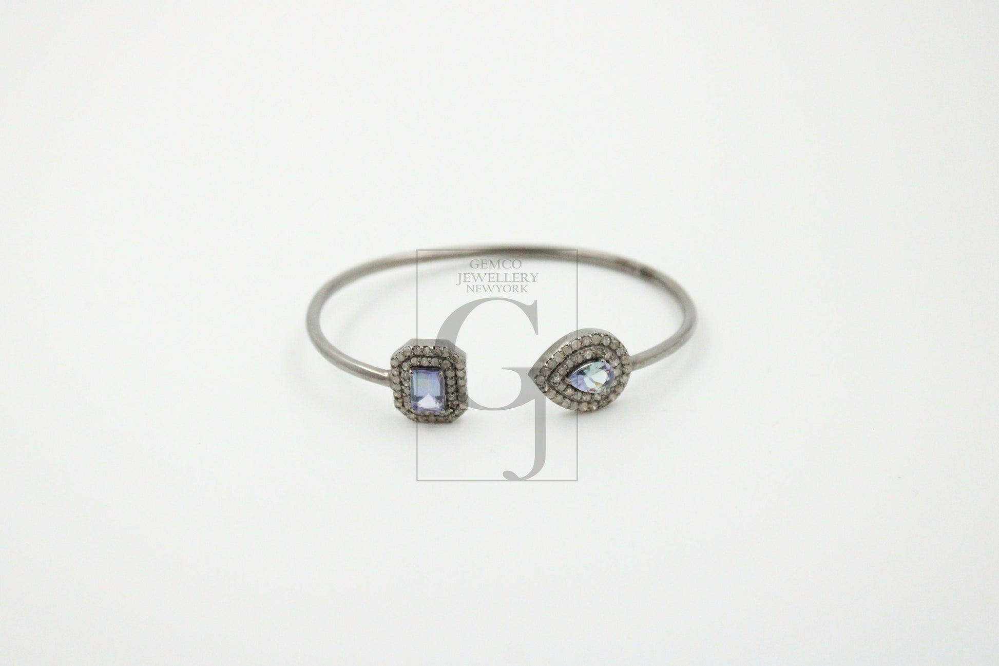 Very Beautiful Designer Tanzanite Rosecut Pave Diamond Bangle Bracelet 925 Sterling Silver Handmade Finish Diamond Bangle Bracelet