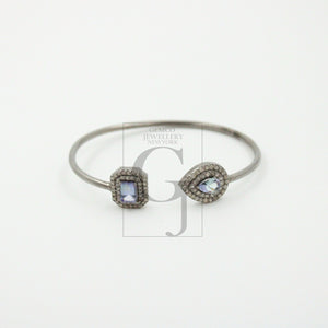 Very Beautiful Designer Tanzanite Rosecut Pave Diamond Bangle Bracelet 925 Sterling Silver Handmade Finish Diamond Bangle Bracelet