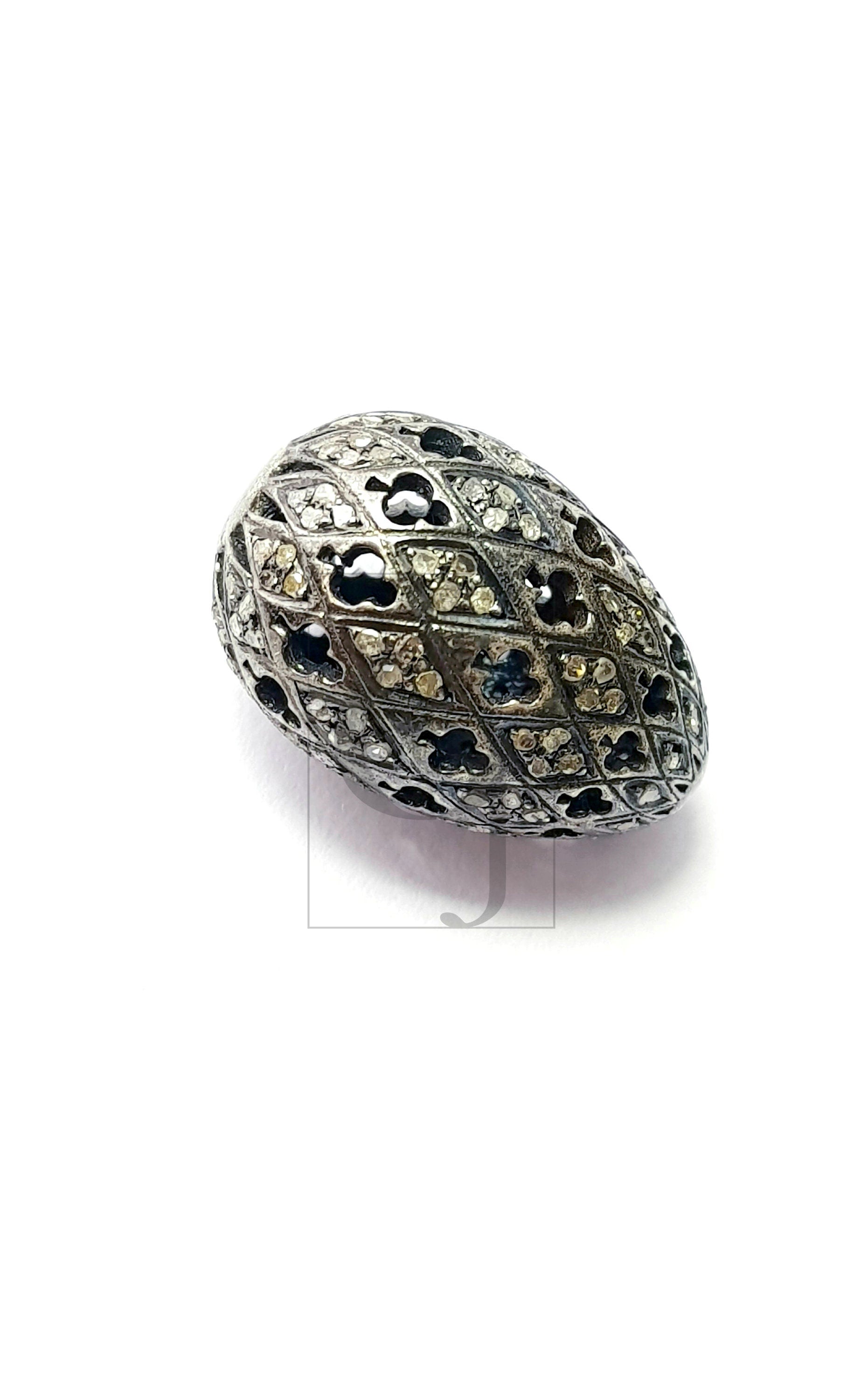 Oval Shaped Rosecut Pave Diamond Bead 925 Sterling Silver Handmade Silver Finish Diamond Bead 22mm Size