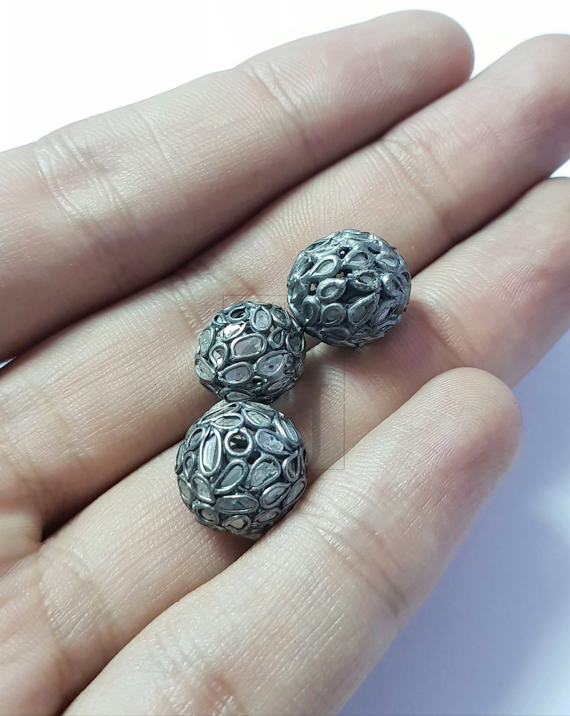 Flat Diamond Antique Look Polki Design Rosecut Pave Diamond Bead Spacers 925 Sterling Silver Handmade Silver Finish Diamond Bead 11-12mm
