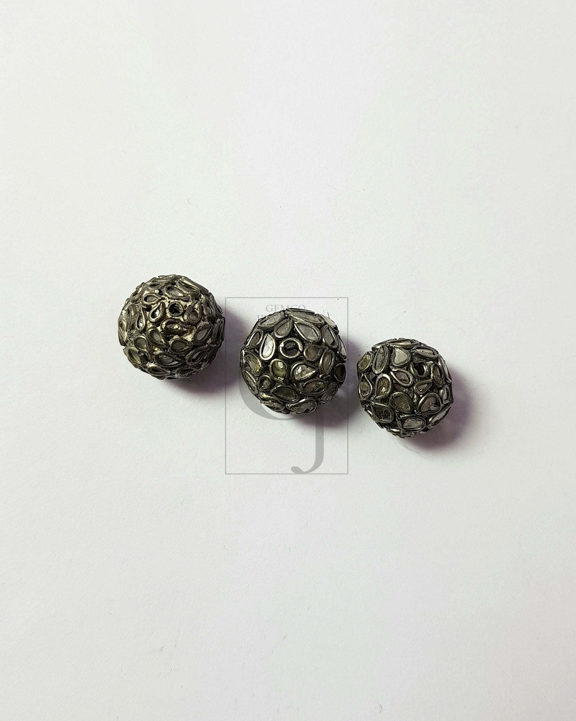 Flat Diamond Antique Look Polki Design Rosecut Pave Diamond Bead Spacers 925 Sterling Silver Handmade Silver Finish Diamond Bead 11-12mm