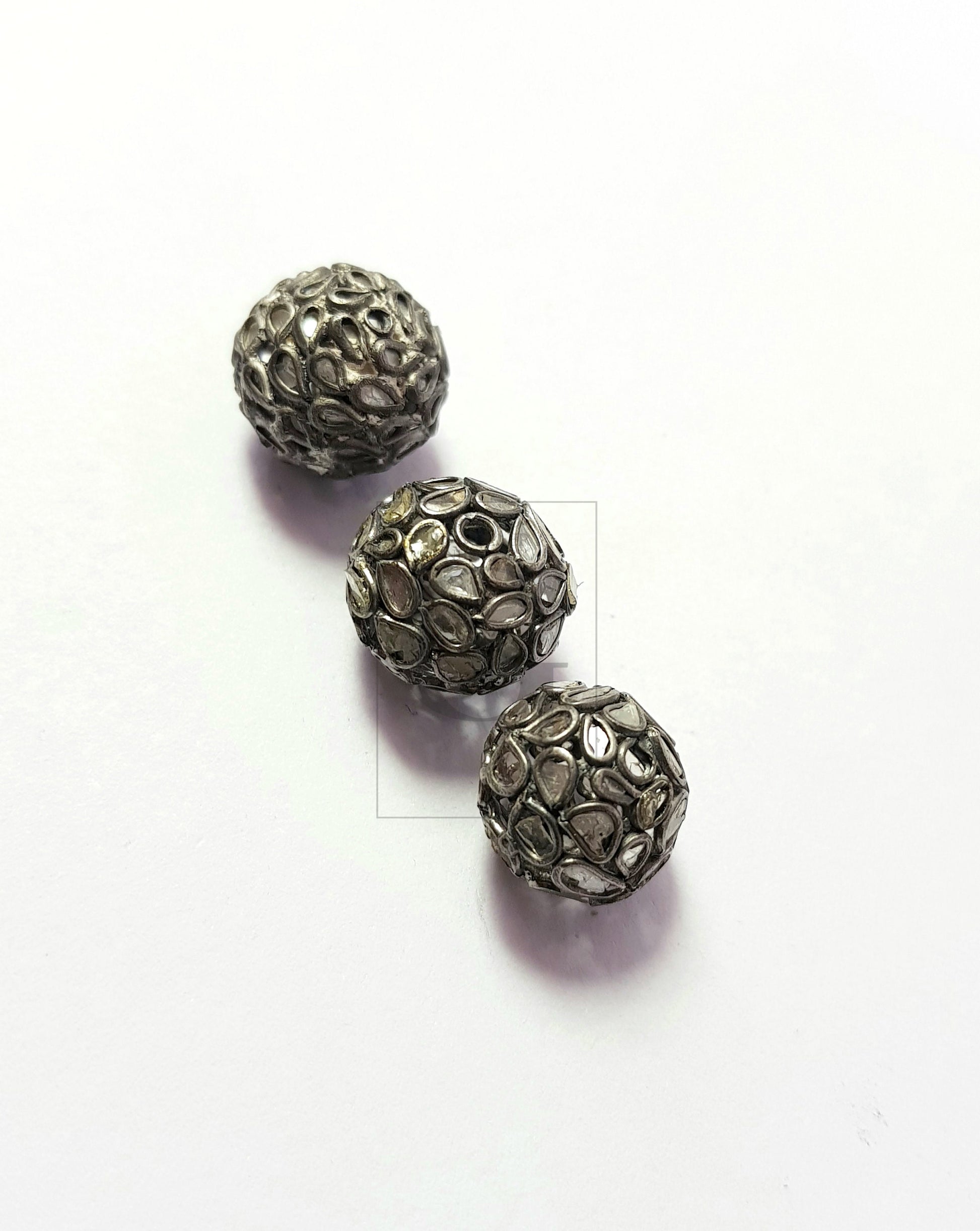 Flat Diamond Antique Look Polki Design Rosecut Pave Diamond Bead Spacers 925 Sterling Silver Handmade Silver Finish Diamond Bead 11-12mm