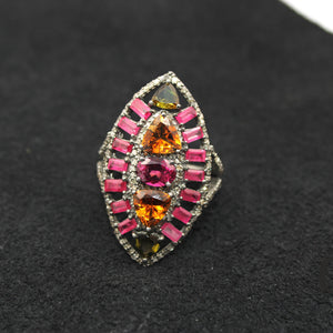 Beautiful Multi Tourmaline Marquise Designer Rosecut Pave Diamond Rings 925 Sterling Silver Handmade Silver Finish Diamond Cocktail Ring