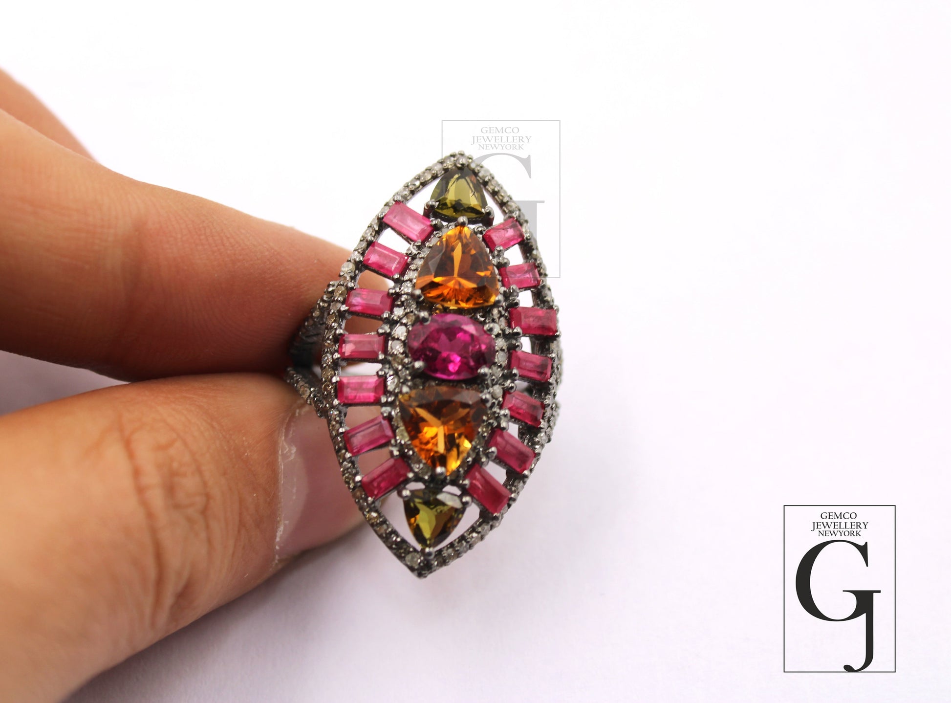 Beautiful Multi Tourmaline Marquise Designer Rosecut Pave Diamond Rings 925 Sterling Silver Handmade Silver Finish Diamond Cocktail Ring