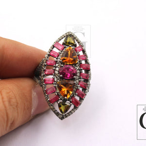 Beautiful Multi Tourmaline Marquise Designer Rosecut Pave Diamond Rings 925 Sterling Silver Handmade Silver Finish Diamond Cocktail Ring