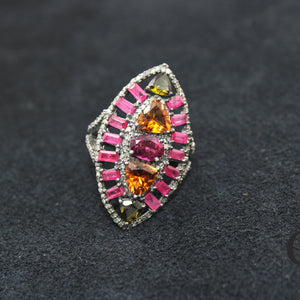 Beautiful Multi Tourmaline Marquise Designer Rosecut Pave Diamond Rings 925 Sterling Silver Handmade Silver Finish Diamond Cocktail Ring