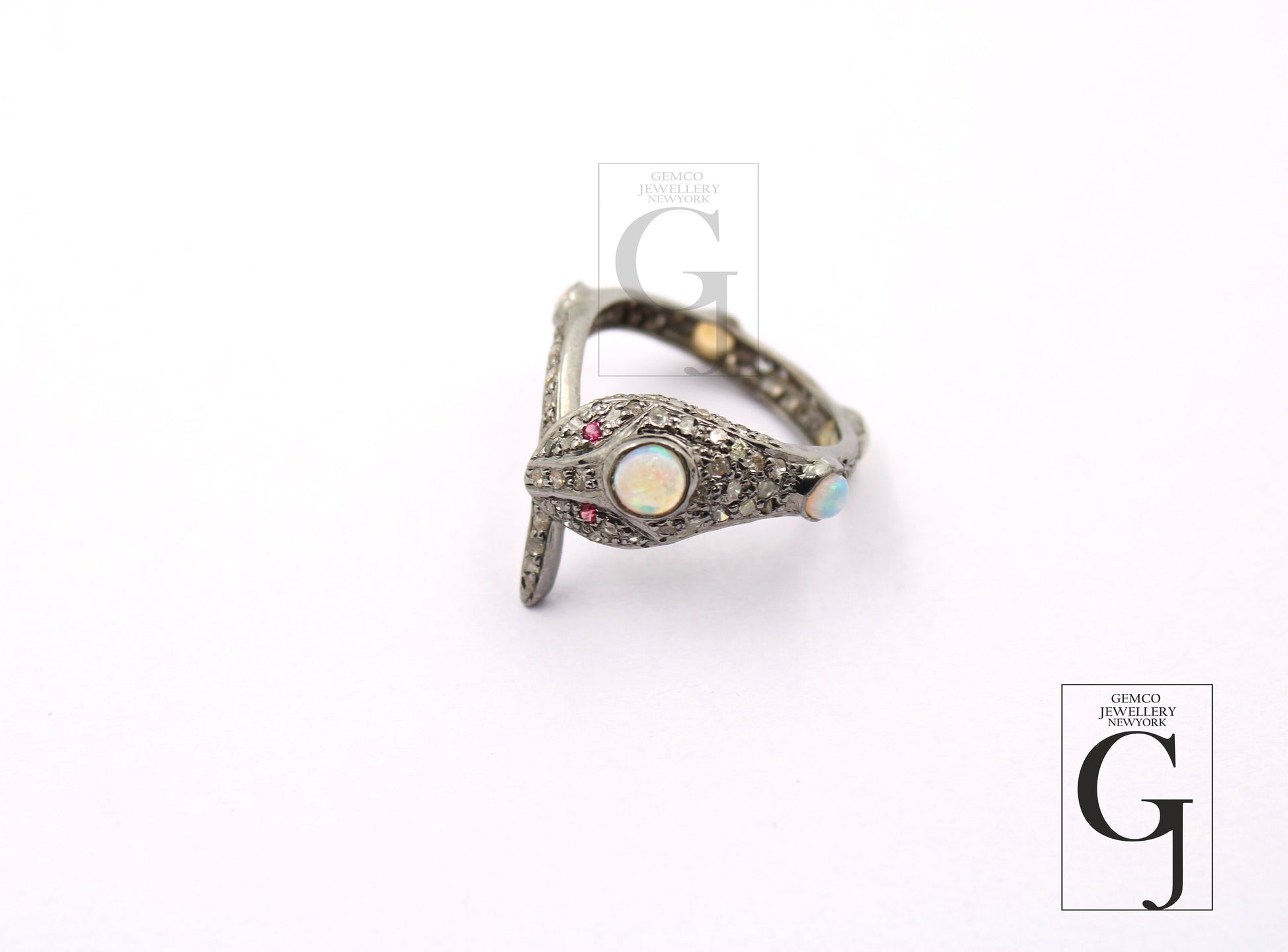 Snake Designer Ring, Opal Ring, Rosecut Pave Diamond Rings 925 Sterling Silver Handmade Silver Finish Diamond Ring