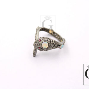 Snake Designer Ring, Opal Ring, Rosecut Pave Diamond Rings 925 Sterling Silver Handmade Silver Finish Diamond Ring