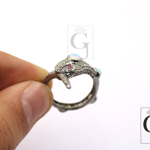 Snake Designer Ring, Opal Ring, Rosecut Pave Diamond Rings 925 Sterling Silver Handmade Silver Finish Diamond Ring