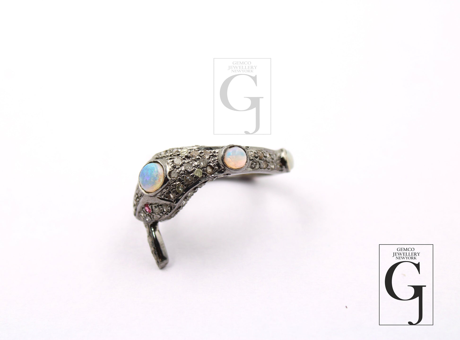 Snake Designer Ring, Opal Ring, Rosecut Pave Diamond Rings 925 Sterling Silver Handmade Silver Finish Diamond Ring