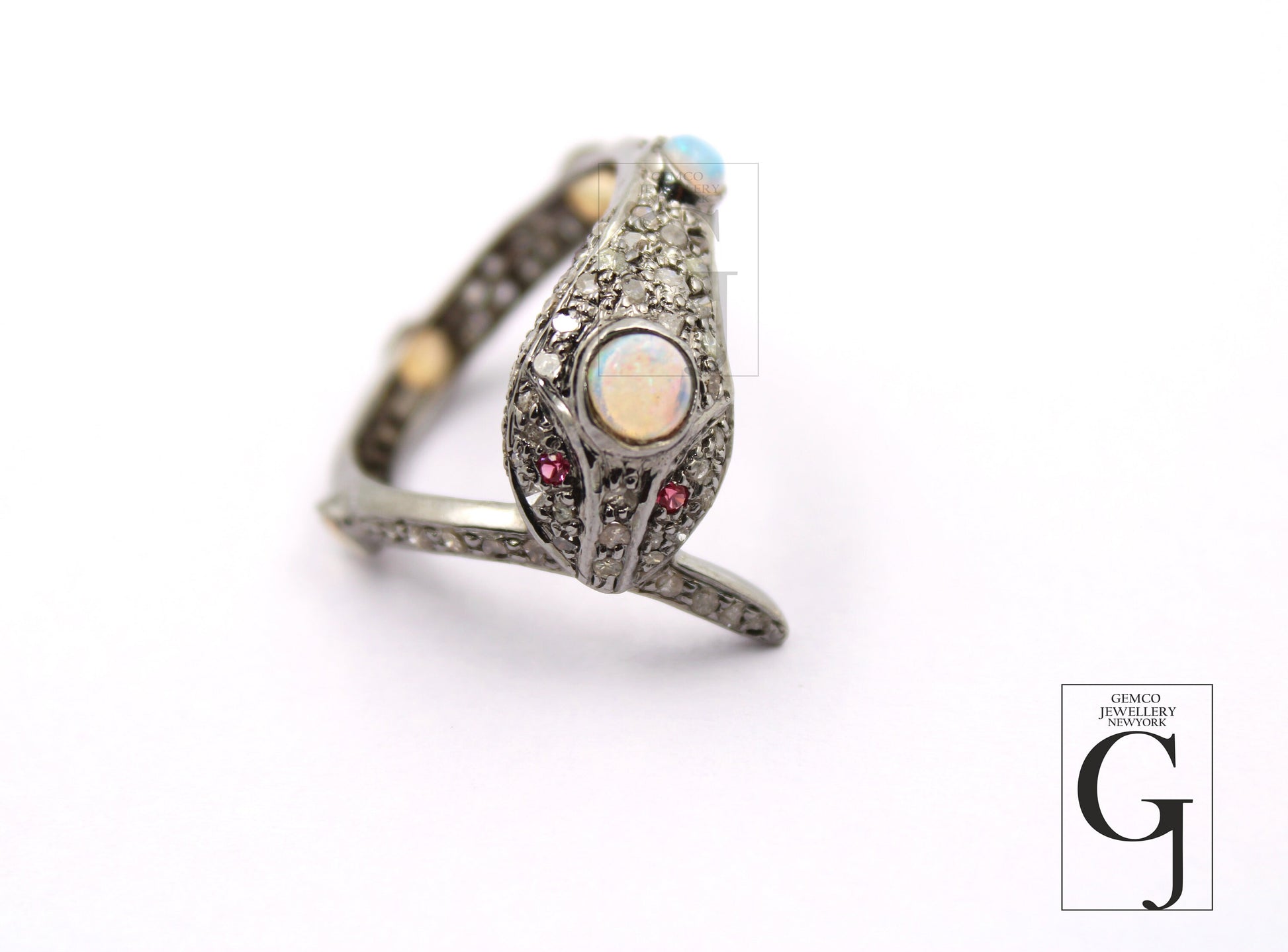 Snake Designer Ring, Opal Ring, Rosecut Pave Diamond Rings 925 Sterling Silver Handmade Silver Finish Diamond Ring