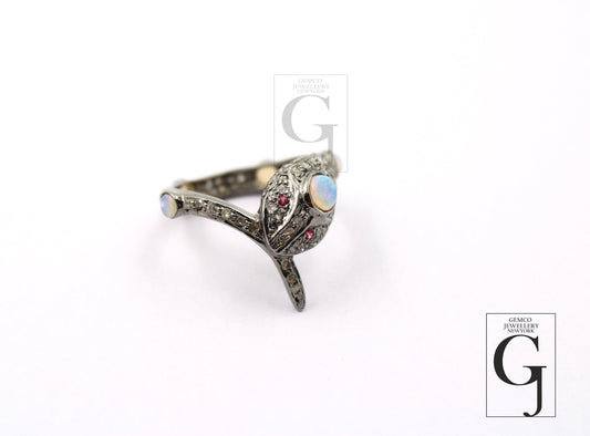 Snake Designer Ring, Opal Ring, Rosecut Pave Diamond Rings 925 Sterling Silver Handmade Silver Finish Diamond Ring