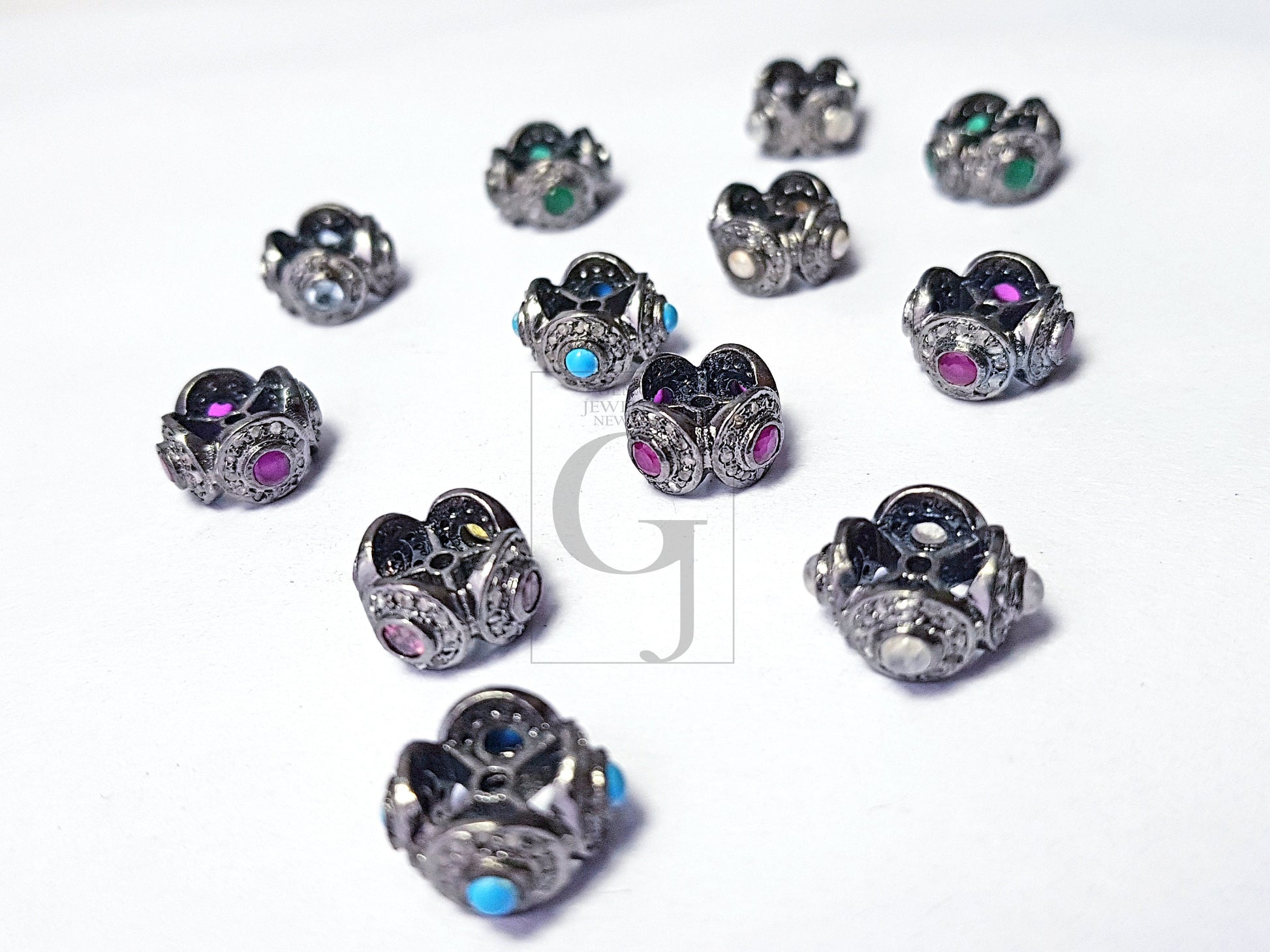 Pave Rosecut Diamond 925 Sterling Silver Handmade Pave Diamond With Different Stones Rondelles/Bead/Spacers 8mm / 10mm / 12mm / 14mm Desigen