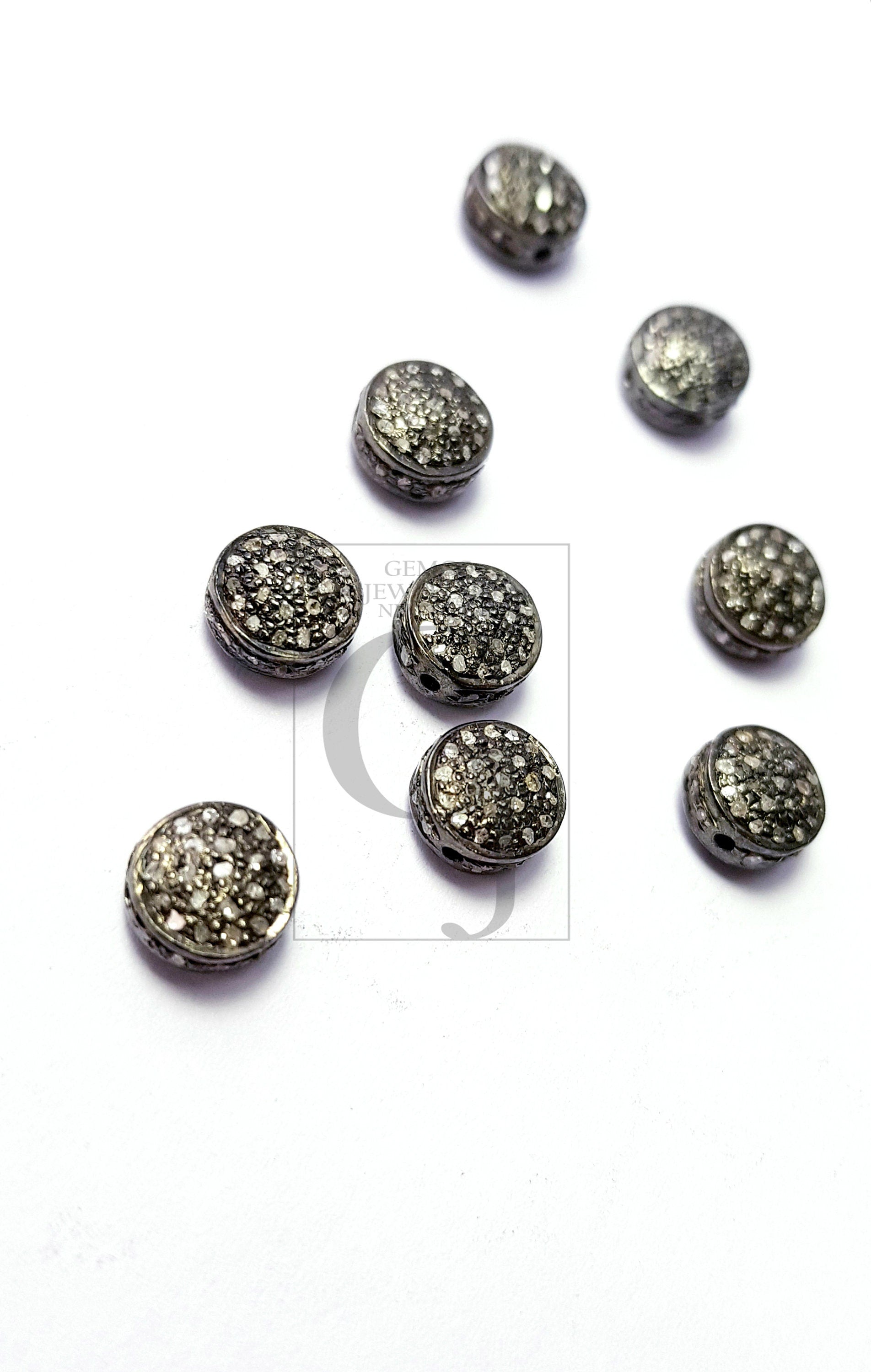 Coin Shaped Rosecut Pave Diamond Bead 925 Sterling Silver Handmade Silver Finish Diamond Bead