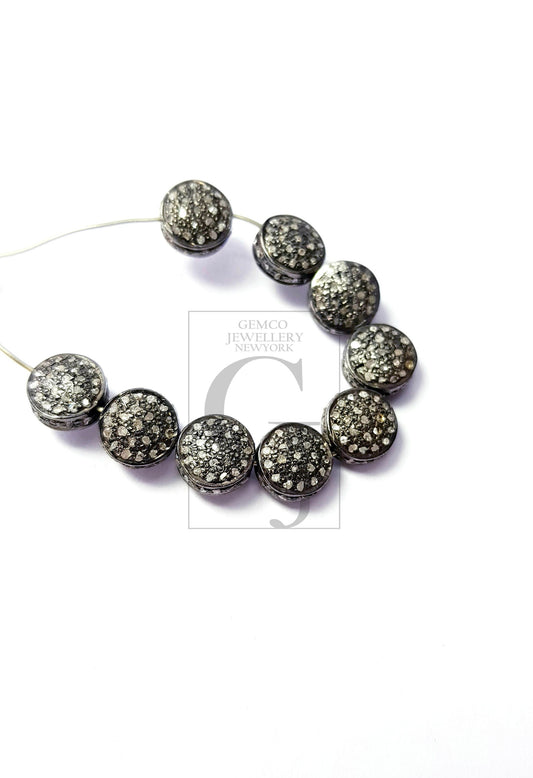 Coin Shaped Rosecut Pave Diamond Bead 925 Sterling Silver Handmade Silver Finish Diamond Bead