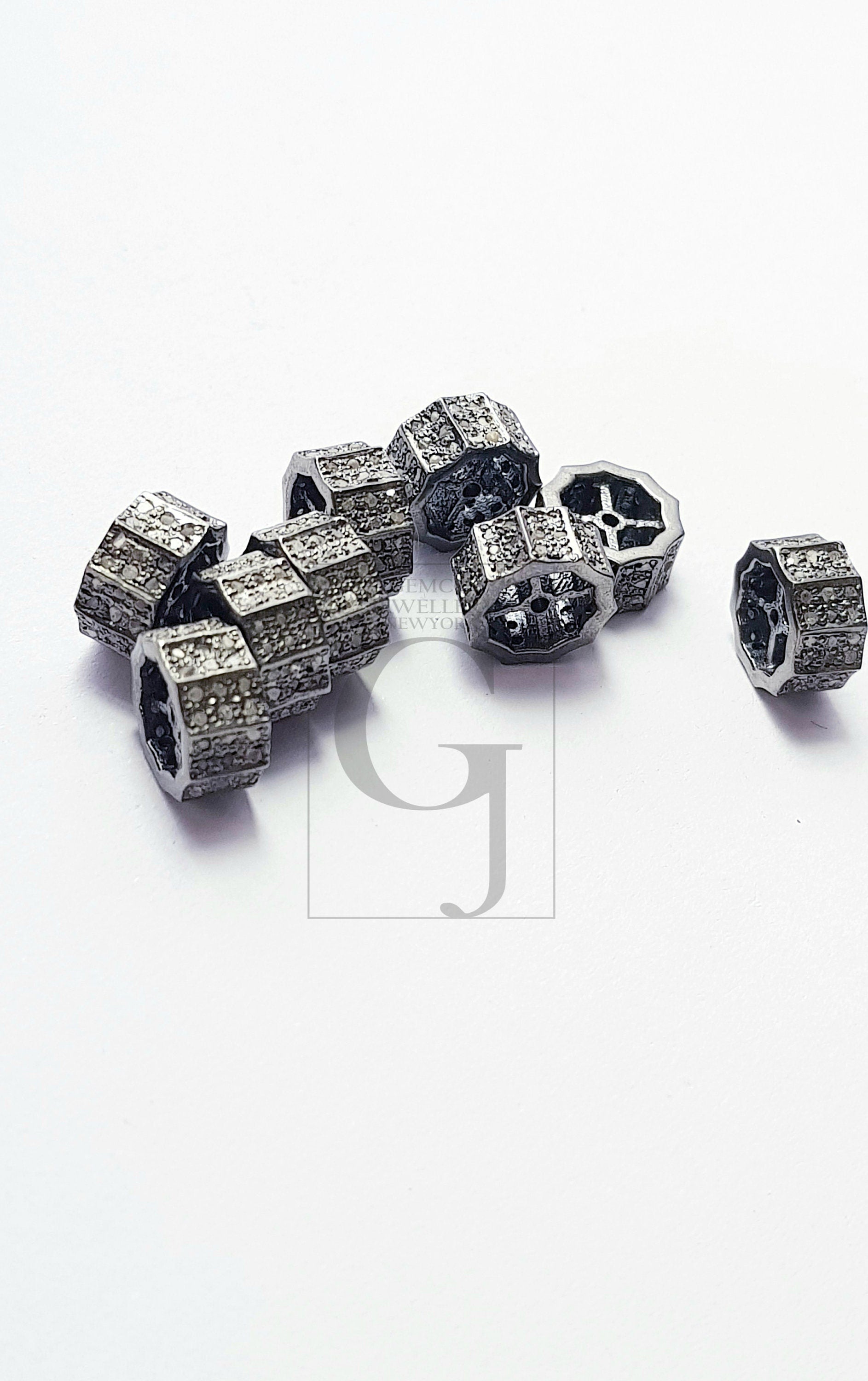 Rosecut Pave Diamond Beads Roundels 925 Sterling Silver Handmade Silver Finish Diamond Beads Roundels, Spacers Salt And Pepper Diamond Beads