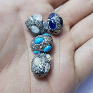 Very Beautiful Rosecut Pave Diamond Bead 925 Sterling Silver Handmade Silver Finish Color Stone Oval Shaped Diamond Bead