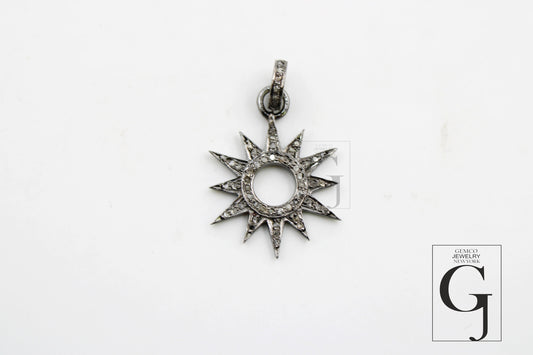 Antique Look Sunburst Oxidized Designer Rosecut Pave Diamond Pendant 925 Sterling Silver Handmade Finish Diamond Charms Necklace Pendant