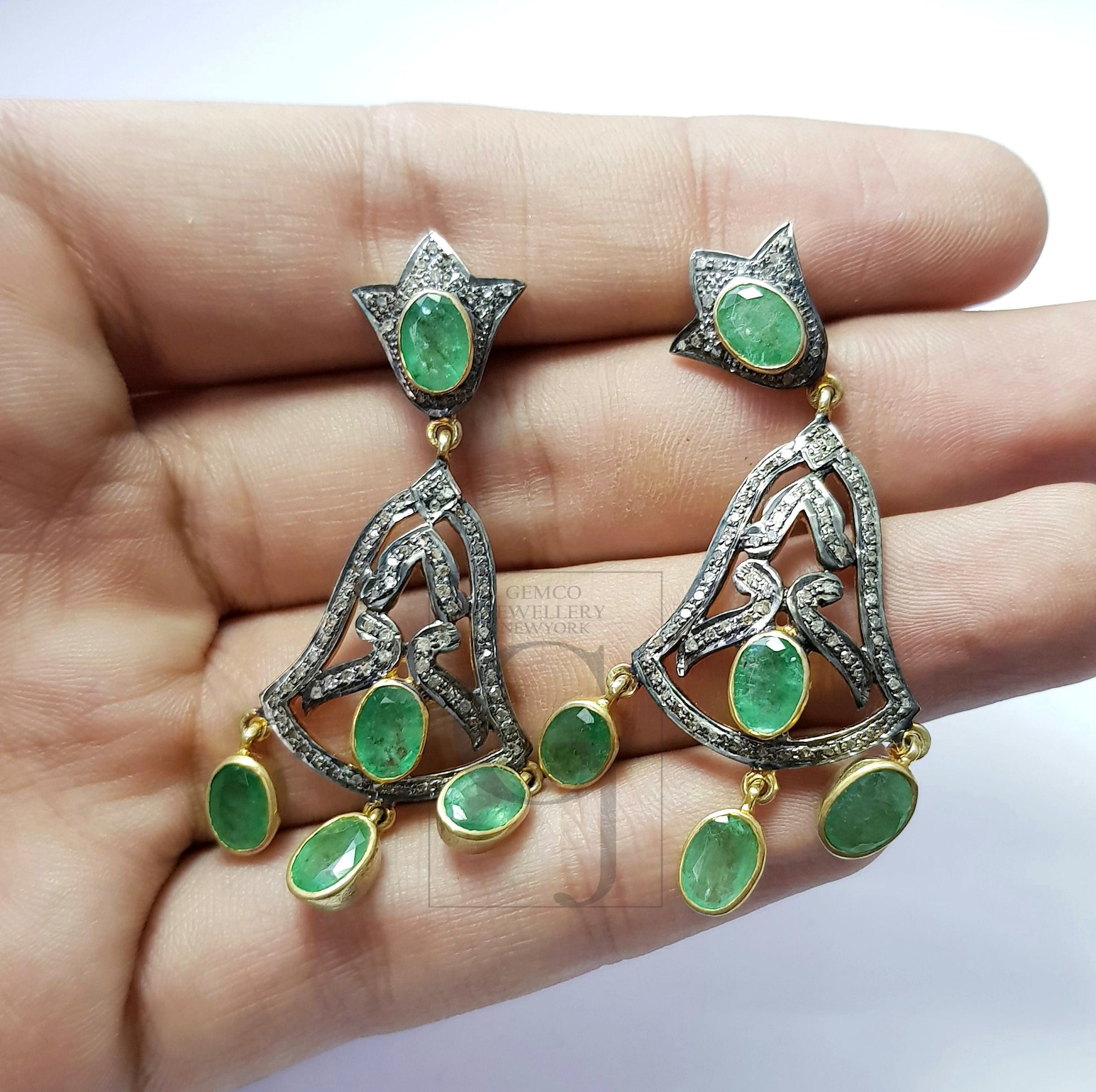 Antiquelook Emerald Vermail Gold Designer Earrings Rosecut Pave Diamond Earrings 925 Sterling Silver Handmade Silver Finish Diamond Earrings