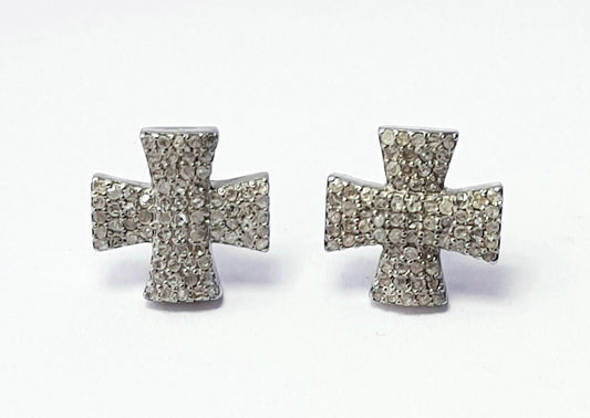 Beautiful Design Rosecut Pave Diamond Stud Earrings 925 Sterling Silver Handmade Silver Finish Cross Shaped Designer Diamond Stud Earrings