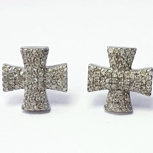 Beautiful Design Rosecut Pave Diamond Stud Earrings 925 Sterling Silver Handmade Silver Finish Cross Shaped Designer Diamond Stud Earrings