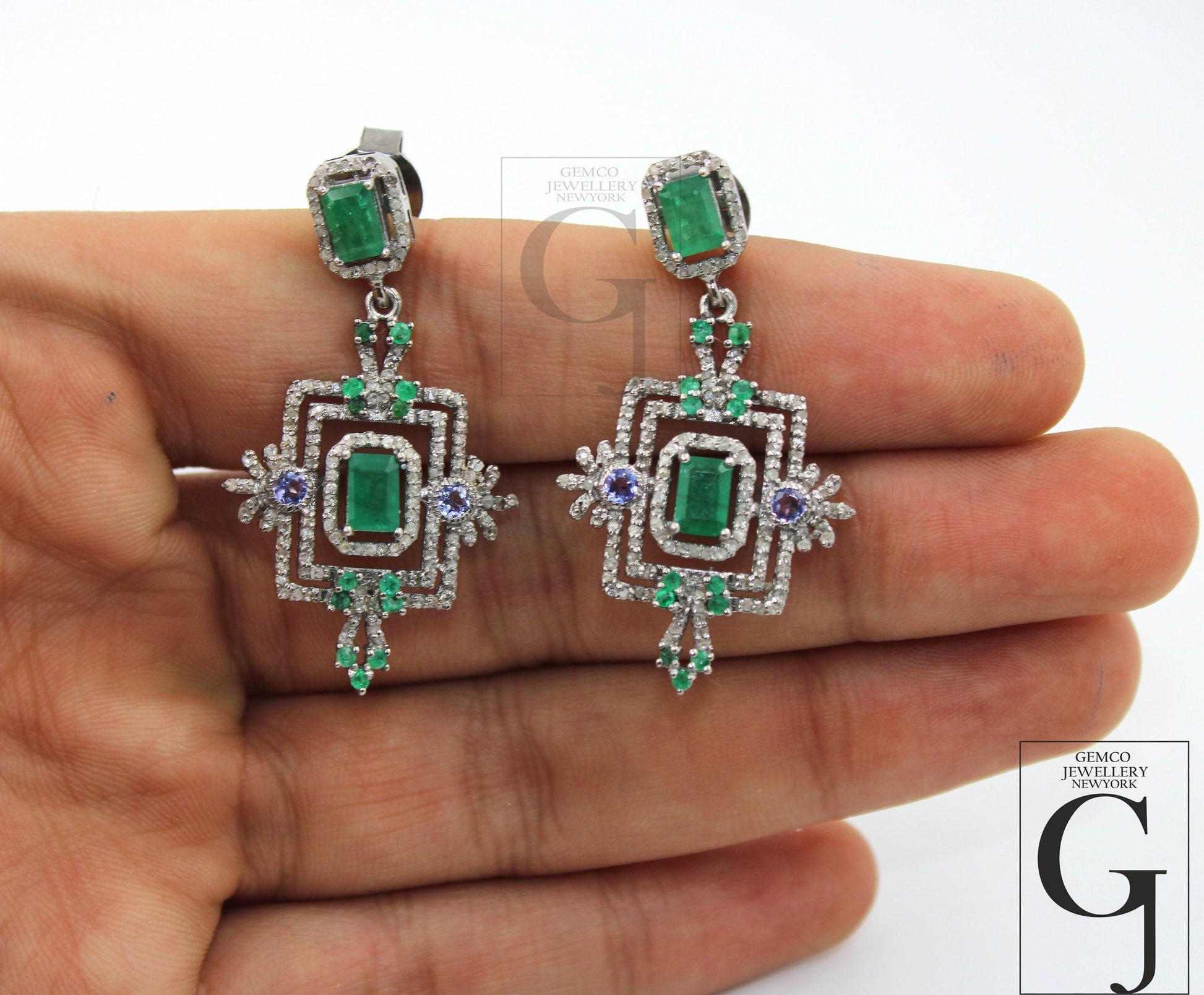 Beautiful Designer Emerald Earring Rosecut Pave Diamond Earrings 925 Sterling Silver Handmade Diamond Earring Schendlier Earring