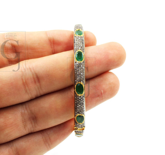 Fashionable 14k gold emerald bangle Rosecut pave diamond bangle bracelet 925 sterling silver handmade finish diamond bangle bracelet