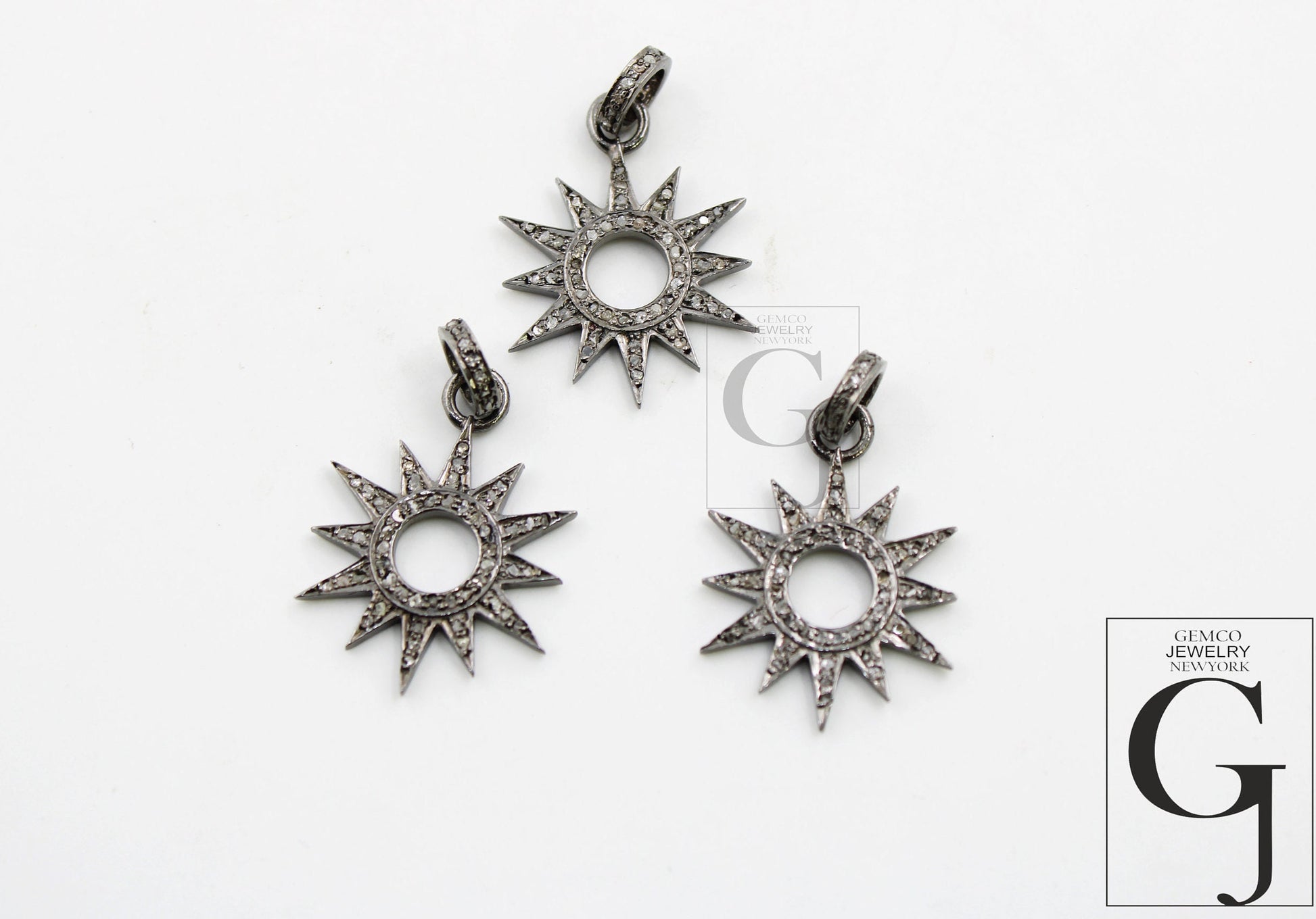 Antique Look Sunburst Oxidized Designer Rosecut Pave Diamond Pendant 925 Sterling Silver Handmade Finish Diamond Charms Necklace Pendant